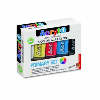 Tempera acrilica Morocolor Primo 75 ml, 5 culori de baza: alb, galben, rosu, albastru