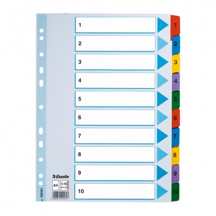 Separatoare Noki, din plastic, cu index 1-10 Index Esselte Mylar, 1-10, A4