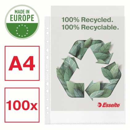 Folie de protectie Esselte, A4, cristal, 75 microni, cutie de 100 buc Folie de protectie Esselte Recycled, PP, 70 microni, A4 , 100 bucati/set
