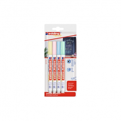 Textmarker Edding, E24, 4 culori/set Marker Edding 4085, cu creta lichida, varf rotund 1-2 mm, alb, 4 culori pastel, blister