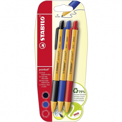 Markere pentru copii, Morocolor Primo, 8 buc/carton Pix cu mecanism Stabilo Pointball, 0.5 mm, 3 bucati/blister