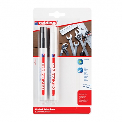 Textmarker Stabilo Boss, varf 2-5 mm, bleu Marker Edding 750, cu vopsea, corp metalic, varf 2-4 mm, negru/alb, blister