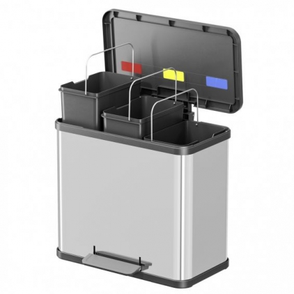 Cos de gunoi OEM, inox, scrumiera, 30 l Cos inox cu pedala TrioPlusL si doua galeti interioare, 3 x 9 L