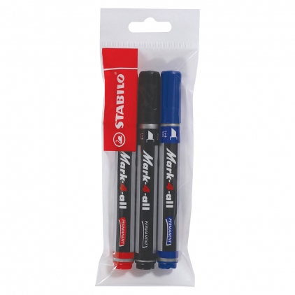 Set 12 rezerve stilou, blister, albastru standard Marker permermanent Stabilo Mark-4-all, 653, B, varf tesit, 1-4 mm, set 3 culori/blister, albastru, negru, rosu