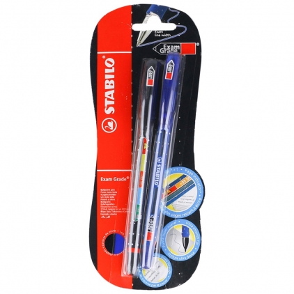 Set 12 rezerve stilou, blister, albastru standard Pix fara mecanism Stabilo Exam Grade, G, 0.4 mm, 2 culori/blister, albastru, negru