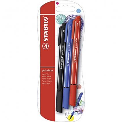 Marker permermanent Stabilo Mark-4-all, 651, F, varf rotund, 1.5 ? 2.5 mm, set 2 bucati/blister, negru Fineliner Stabilo PointMax, 0.8 mm, 3 culori/blister, ultramarin, negru, carmin