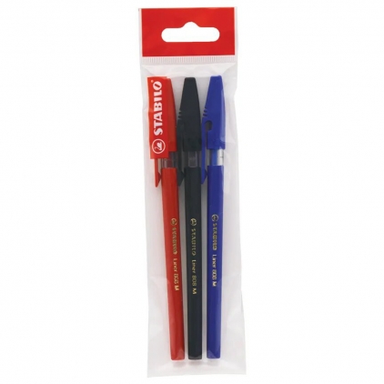 Set 12 rezerve stilou, blister, albastru standard Pix fara mecanism Stabilo liner, M, 0.45 mm, 3 culori/blister eco, albastru, negru, rosu