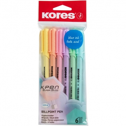 Set 12 rezerve stilou, blister, albastru standard Set 6 pixuri fara mecanism Kores Korm, varf 1 mm, corp pastel, scriere albastra