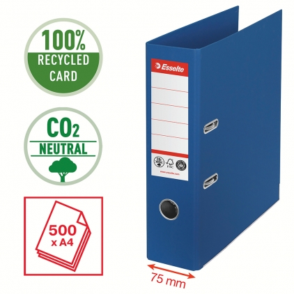 Biblioraft Esselte No.1 Power, PP/PP, A4, 50 mm,  VIVIDA negru Biblioraft Esselte No.1 Power Recycled, carton reciclat si reciclabil cu amprenta CO2 neutra, A4, 75 mm, albastru