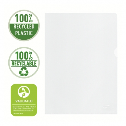 Folie de protectie Esselte, A4, cristal, 55 microni, cutie de 100 buc Mapa de protectie Esselte Recycled, PP reciclat, A4, 100 mic, 100 bucati/cutie, standard