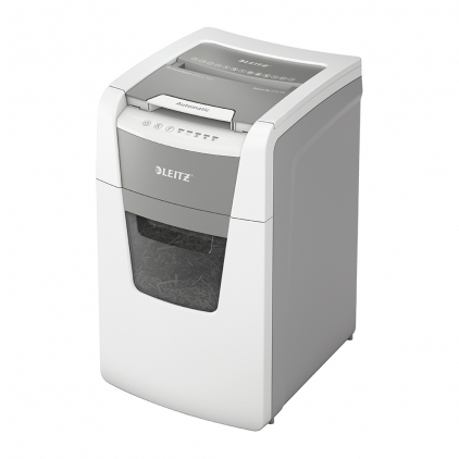 Coli impregnate cu ulei pentru distrugatoare documente Leitz, 12 bucati/set Distrugator documente automat Leitz IQ Office, P5, micro-cut (particule), 150 coli, cos 44l, alb-gri