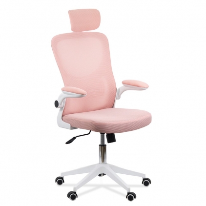 Scaun de birou pentru gaming din mesh si suport picioare OFF 427 gri Scaun de birou ergonomic cu spatar inalt, suport lombar si cotiere rabatabile OFF 336 roz