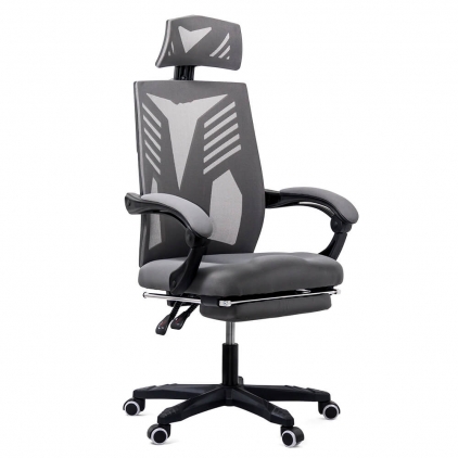 Scaun gaming textil cu cotiere 4D si suport lombar integrat OFF 297 gri Scaun de birou pentru gaming din mesh si suport picioare OFF 427 gri