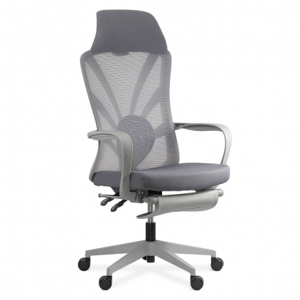 Scaun gaming textil cu cotiere 4D si suport lombar integrat OFF 297 gri Scaun ergonomic cu spatar rabatabil si suport picioare SYYT 9512 gri