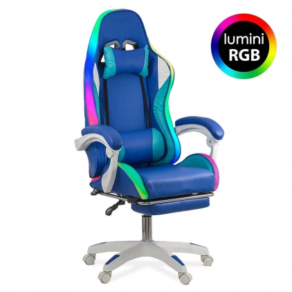 Scaun de birou din catifea rotativ OFF 334 verde Scaun gaming cu iluminare RGB si suport pentru picioare OFF 298 albastru