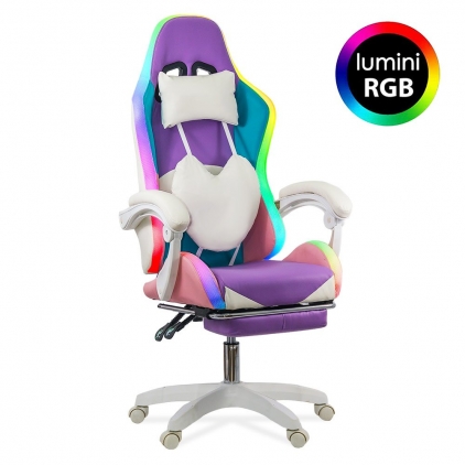 Scaun de birou din catifea rotativ OFF 334 verde Scaun gaming cu iluminare RGB si suport pentru picioare OFF 298 mov si roz