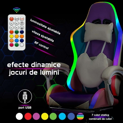 Scaun de birou din mesh respirabil OFF 624M negru Scaun gaming cu iluminare RGB si suport pentru picioare OFF 298 alb