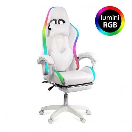 Scaun de birou din mesh respirabil OFF 624M negru Scaun gaming cu iluminare RGB si suport pentru picioare OFF 298 alb