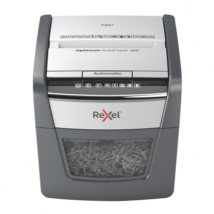 Distrugator Fellowes Automax 150c AUTO FEED CROSS CUT, negru, auto-reverse, sleep-mode Distrugator documente automat, REXEL OPTIMUM 45X, P4, cross-cut, 45 coli