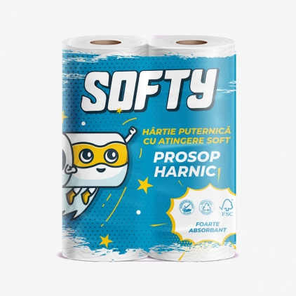 Hartie igienica Softy, 3 straturi, alba, 120 portii, 12 m, 10 role/set Prosop bucatarie Softy, 2 straturi, 50 portii, 11 m, 2 role/set