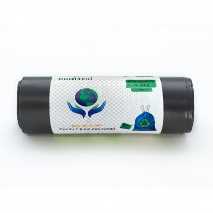 Saci menajeri galbeni, 35 l, 50 bucati/rola Saci menaj cu snur Ecofriend, negru, 60 litri, 15 bucati/rola