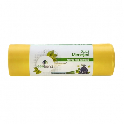 Saci menajeri HDPE, 30 l, verzi, 20 bucati/rola Saci menaj LDPE Ecofriend, galben, 120 litri, 10 bucati/rola 