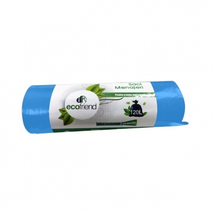 Saci menaj LDPE basic albastri, 60 L, 18 microni, 20 bucati/rola Saci menaj LDPE Ecofriend, albastru, 120 litri, 10 bucati/rola 