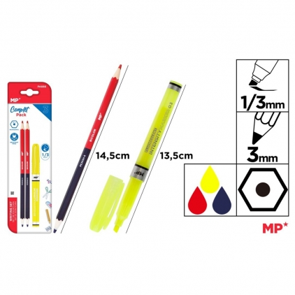Creion Grafit Rotring Woodcase Core Red HB Set 2 creioane Main Paper, 2 capete rosu/albastru, textmarker varf tesit 1-3 mm, blister