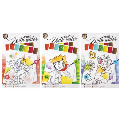 Tempera acrilica Morocolor Primo 75 ml, 5 culori de baza: alb, galben, rosu, albastru Set pictura acuarele Creative Craft pentru copii, file pretiparite si pensula