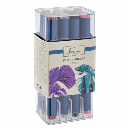 Acuarele Morocolor Primo, diametru pastila 30 mm, 12 culori/cutie Markere varf dublu, Nassau Fine Art, 12 culori/set