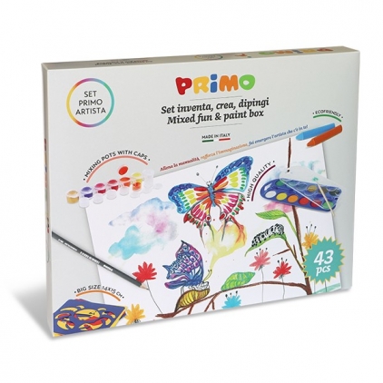 Mapa plastic A4, prindere elastic, tematica prietenie 6 sabloane acuarele, 12 culori, 8 creioane cerate, tempera, 14 culori, 1 pensula, 1 creion HB
